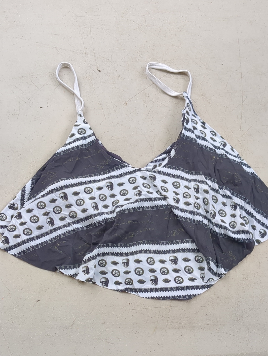 Tavik White & Gray Striped Bikini Top With Skull Print